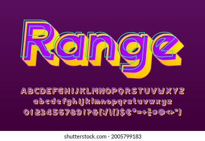 Range alphabet font. 3D effect letters, numbers and punctuations. Uppercase and lowercase. Retro-futuristic vector typescript for your typography design.