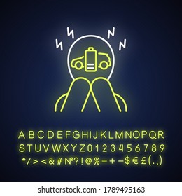 Range anxiety neon light icon. Outer glowing effect. Electric vehicle owner stress, psychological problem sign with alphabet, numbers and symbols. Vector isolated RGB color illustration