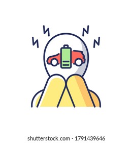 Range anxiety RGB color icon. Electric vehicle owner stress, psychological problem. Fear of low EV battery capacity. Worried driver Isolated vector illustration