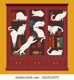 A range of cat characters that play when you go up and down the bookcase. vector illustration flat design