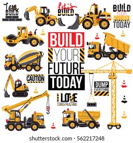 Range of construction machinery. Positive motivation quote, slogan. Decoration for children's room boy for theme parties for birthdays, invitations, website, mobile applications