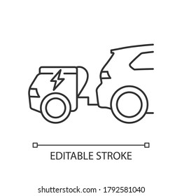 Range extender linear icon. Electric vehicle additional energy supply, reserve generator thin line customizable illustration. Contour symbol. Vector isolated outline drawing. Editable stroke