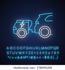 Range extender neon light icon. Outer glowing effect. Electric vehicle additional energy supply, reserve generator sign with alphabet, numbers and symbols. Vector isolated RGB color illustration