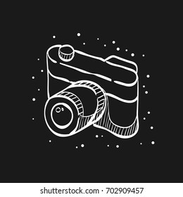 Range finder camera icon in doodle sketch lines. Digital photography film range finder focus