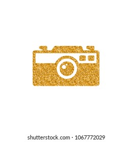 Range finder camera icon in gold glitter texture. Sparkle luxury style vector illustration.