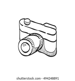Range finder photographic camera icon in doodle sketch lines 