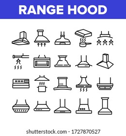 Range Hood Device Collection Icons Set Vector. Cooker Range Hood Kitchen Equipment In Different Style, Ventilation Exhaust Hood Tool Concept Linear Pictograms. Monochrome Contour Illustrations