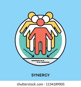 A range of human avatars standing in a hierarchy symbolizing synergy 