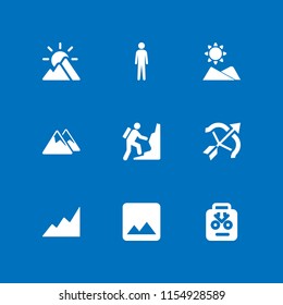 range icon. 9 range set with avatar, mountain range on black background, tall human silhouette and archery vector icons for web and mobile app
