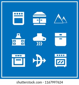 range icon. 9 range vector set. oven, extractor hood, archery and mountains icons for web and design about range theme