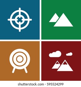 range icons set. Set of 4 range filled icons such as target, mountain