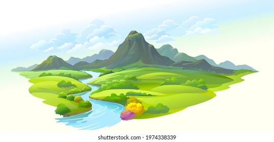 A range of mountains across a flowing river. Meadows and gardens.