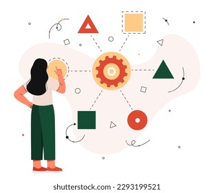 Range options concept. Woman stands and chooses from geometric shapes. Logical thinking and choosing between different features. Alternatives and variants. Cartoon flat vector illustration