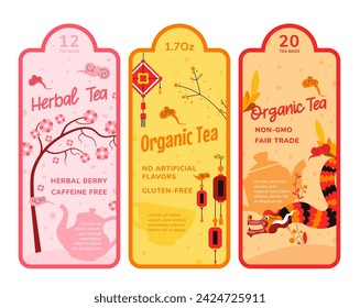 Gama de tés orgánicos sin cafeína, sabores artificiales y gluten. Bebida natural para gourmets. Emblemas, etiquetas y embalajes. Banner promocional o publicidad, etiqueta o emblema, vector en estilo plano