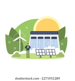 Range of renewable energy sources, hydropower, solar, and wind turbine. Man with panels, windmills, and hydroelectric in clean green nature. Color vector graphic flat art, cartoon illustration