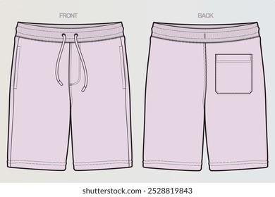 Una gama de dibujos técnicos para pantalones cortos para niños o hombres generalmente muestra varios estilos, incluidos los deportivos, de carga y casuales. Estos incluyen vistas frontales, laterales y traseras, costuras destacadas, bolsillo