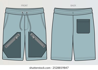 Una gama de dibujos técnicos para pantalones cortos para niños o hombres generalmente muestra varios estilos, incluidos los deportivos, de carga y casuales. Estos incluyen vistas frontales, laterales y traseras, costuras destacadas, bolsillo