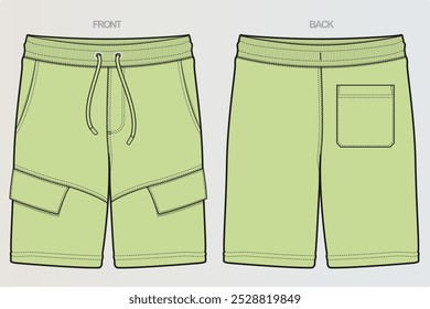 Uma variedade de desenhos técnicos para shorts masculinos ou masculinos tipicamente mostra vários estilos, incluindo atlético, de carga e casual. Estas incluem vista frontal, lateral e traseira, destacando costuras, bolso