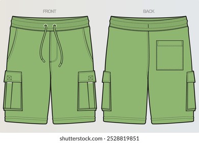 A range of technical drawings for boys' or men's shorts typically showcases various styles, including athletic, cargo, and casual. These include front, side, and back views, highlighting seams, pocket