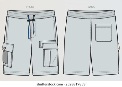 Una gama de dibujos técnicos para pantalones cortos para niños o hombres generalmente muestra varios estilos, incluidos los deportivos, de carga y casuales. Estos incluyen vistas frontales, laterales y traseras, costuras destacadas, bolsillo