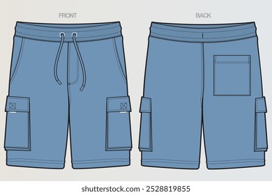 Uma variedade de desenhos técnicos para shorts masculinos ou masculinos tipicamente mostra vários estilos, incluindo atlético, de carga e casual. Estas incluem vista frontal, lateral e traseira, destacando costuras, bolso