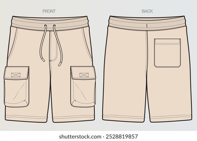 A range of technical drawings for boys' or men's shorts typically showcases various styles, including athletic, cargo, and casual. These include front, side, and back views, highlighting seams, pocket