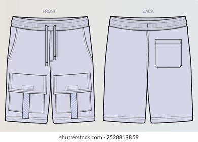 Una gama de dibujos técnicos para pantalones cortos para niños o hombres generalmente muestra varios estilos, incluidos los deportivos, de carga y casuales. Estos incluyen vistas frontales, laterales y traseras, costuras destacadas, bolsillo