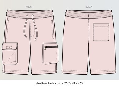 A range of technical drawings for boys' or men's shorts typically showcases various styles, including athletic, cargo, and casual. These include front, side, and back views, highlighting seams, pocket