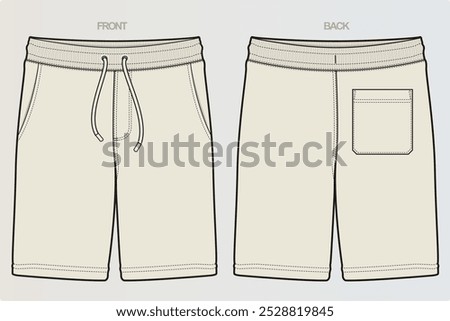 A range of technical drawings for boys' or men's shorts typically showcases various styles, including athletic, cargo, and casual. These include front, side, and back views, highlighting seams, pocket