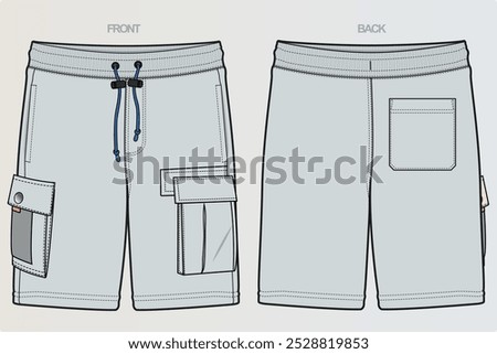 A range of technical drawings for boys' or men's shorts typically showcases various styles, including athletic, cargo, and casual. These include front, side, and back views, highlighting seams, pocket
