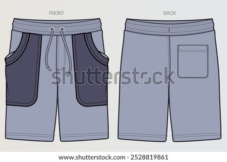 A range of technical drawings for boys' or men's shorts typically showcases various styles, including athletic, cargo, and casual. These include front, side, and back views, highlighting seams, pocket