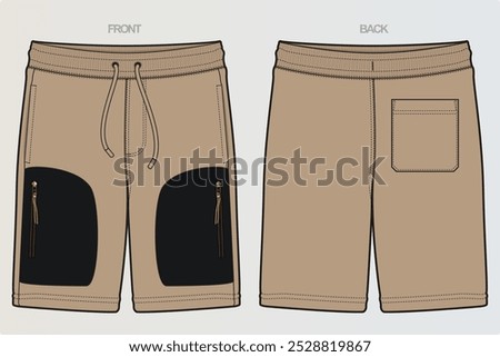 A range of technical drawings for boys' or men's shorts typically showcases various styles, including athletic, cargo, and casual. These include front, side, and back views, highlighting seams, pocket
