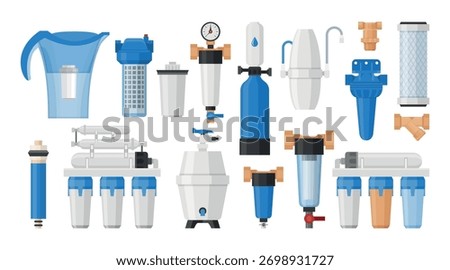 A range of water filters consisting of various components and accessories, such as cartridges, multi-layer filters and purification systems, designed to produce clean, fresh water.
