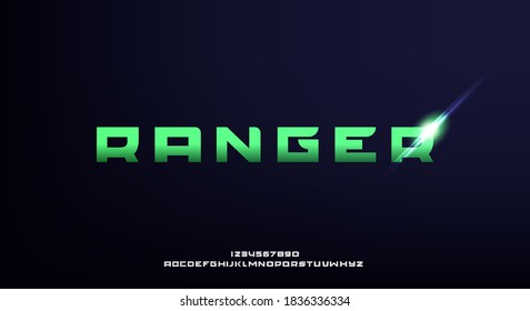 Ranger, a bold and futuristic font, modern scifi typeface design. Alphabet vector illustration