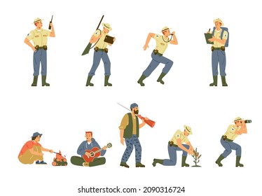 Ranger in duty male characters set with tourists and hunter or poacher, flat vector illustration isolated on white background. Park and forest guard characters.