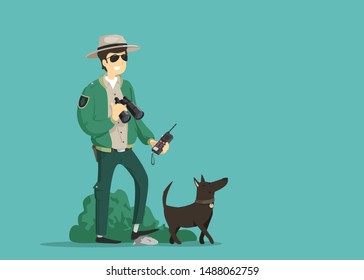 Ranger in the forest with a dog. Vector illustration.