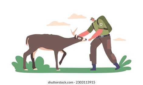 Ranger Forester Character Feeding Deer, Giving Sustenance To Wild Animals In Their Natural Habitat. Wildlife Management