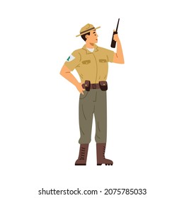 Ranger man cartoon character in uniform talking on the radio, flat vector illustration isolated on white background. Ranger or forester officer full length portrait.