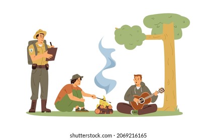 El oficial de guardabosques o los guardabosques registran violaciones de la seguridad contra incendios en los bosques y emiten una fina ilustración plana de vector aislada en el fondo blanco. Ránger en guardia.