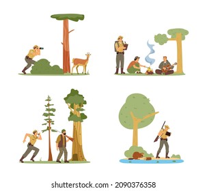 Ranger protects forest land from trespassers and poachers. Ranger keeps order in forest or nature reserve, flat vector illustrations set isolated on white background.