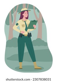 Ranger of reserve. Woman in uniform stands with notebook in forest. Yoiung girl on nature. Publice park security and safety. Guard officer concept. Cartoon flat vector illustration