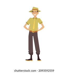 Ranger in uniform protects environment, forest. Cartoon male officer in national park protects flora, fauna from fires. Scout man in flat vector illustration isolated on white background.