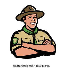 Ranger con uniforme. Scout, ilustración vectorial del símbolo de camping