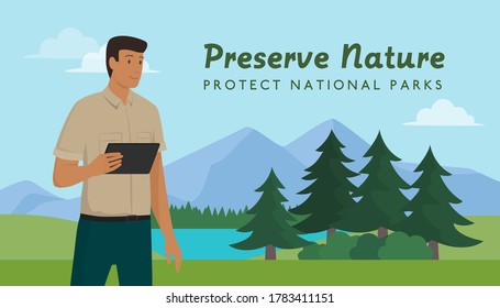 Ranger walking in a national park and holding a tablet, preserve nature and environment concept