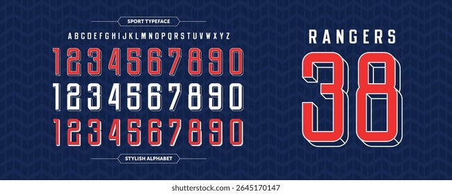 Rangers 38: Projeto de números de linhas desportivas. Jersey conceito com boa combinação de cor vermelho-azul. Ilustração condensada do vetor da tipografia