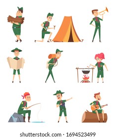 Rangers kids. Little scouts in green uniform survival characters with backpack studying vector childrens