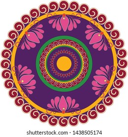 Rangoli is an art form, originating in the Indian subcontinent, in which patterns are created on the floor or the ground using materials such as colored rice, dry flour, colored sand or flower petals.