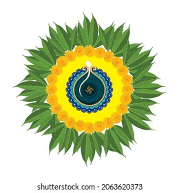 Rangoli by Mango Leaves and Marigold Flower. Editable Illustration of Oil Lamp. Indian Festival Decoration.