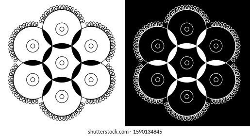 Rangoli design concept of Flower petals, circles and buds with black and white background