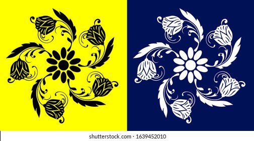Rangoli design concept of Flower petals, leaves and spirals is in yellow and phantom blue background